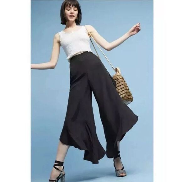 Anthropologie Elevenses Antilles Ruffled Pants Size 6 Wide Leg Split Side Tulip - Picture 1 of 9